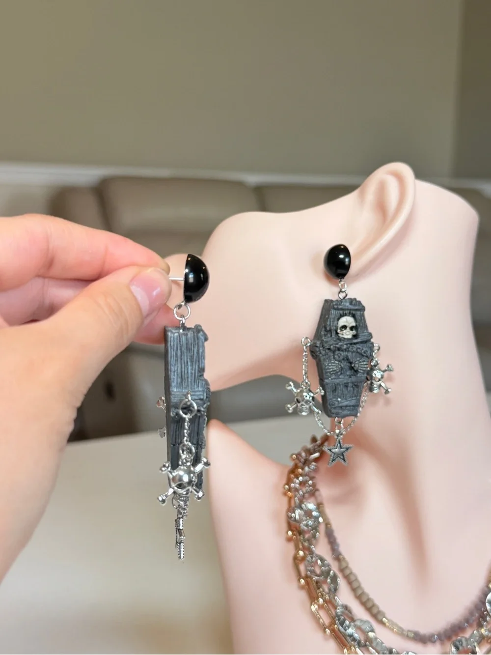 Black Gothic Coffin & Skull Drop Earrings